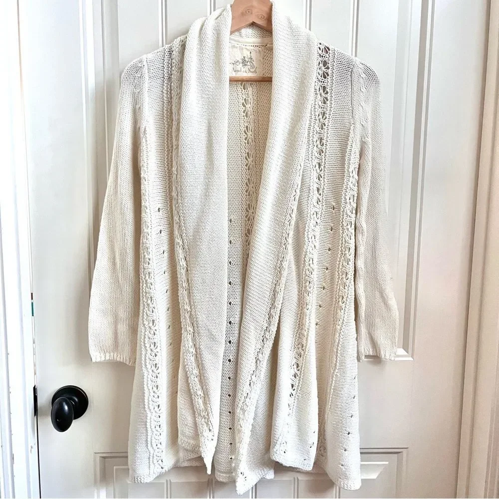 Anthropologie Angel of the North Knit Crochet Cardigan Chunky Cream Size XS